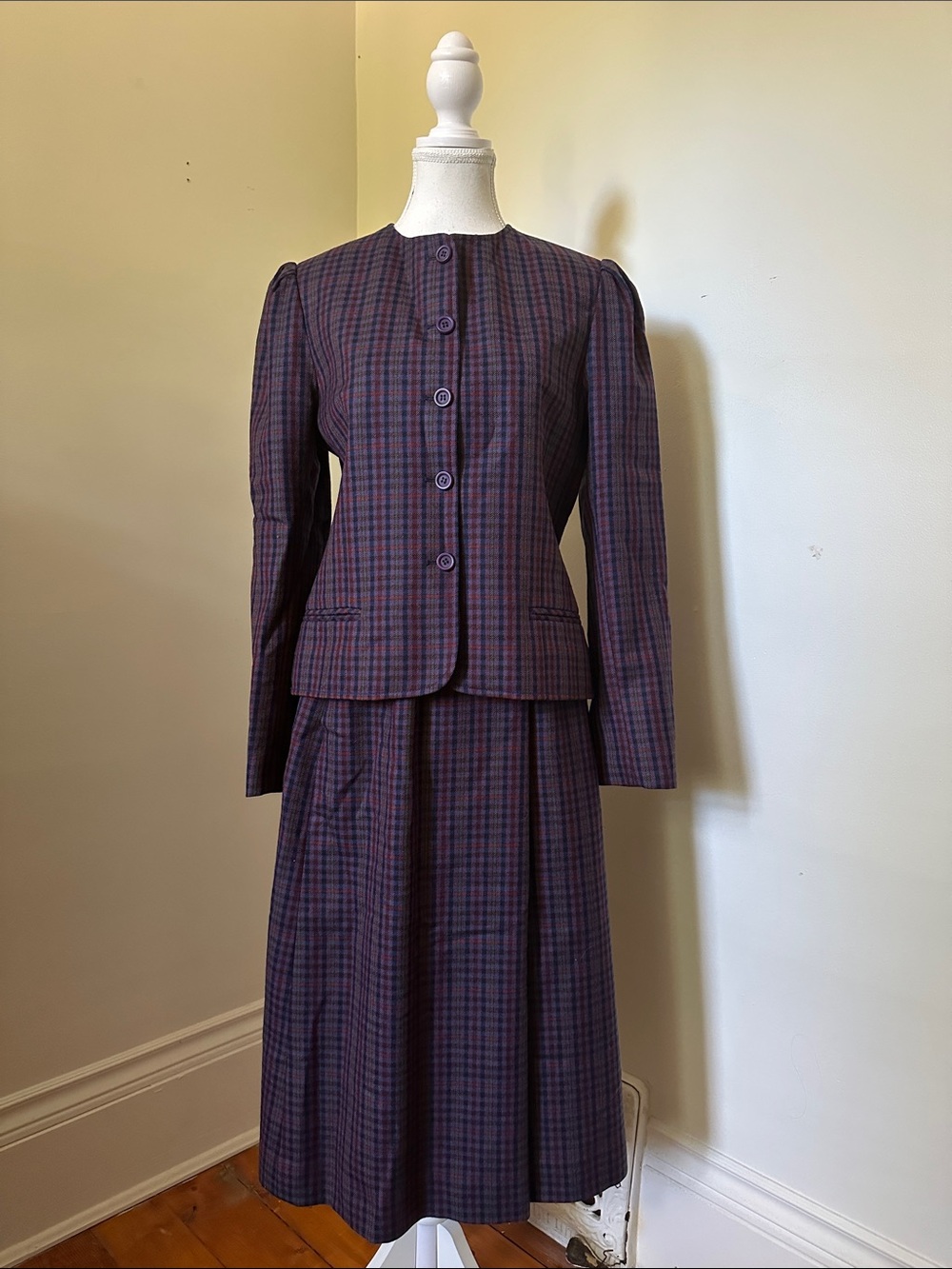 SPORTCRAFT Vintage Union Made in Canada Purple Plaid 100% Wool Skirt Set Sz 14